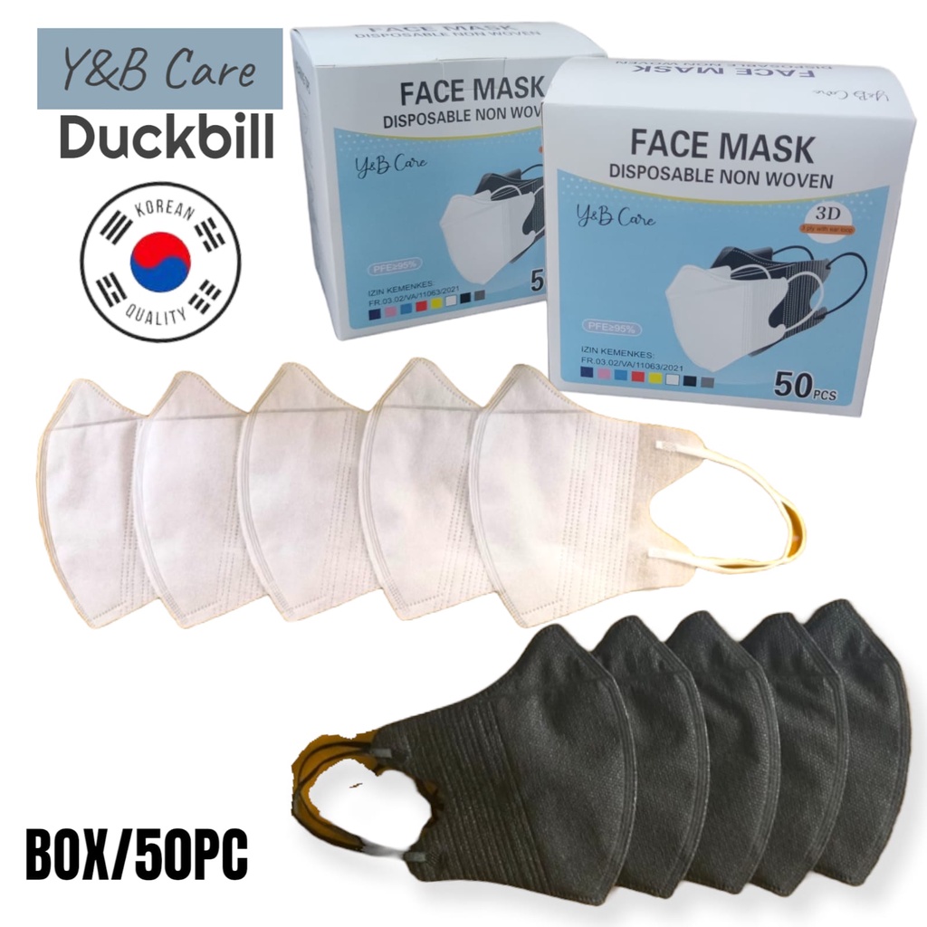 MATCHA HITAM PUTIH DB YB CARE PACK 50 - MASKER DUCKBILL Y&amp;B CARE EARLOOP 3PLY GARIS WARNA