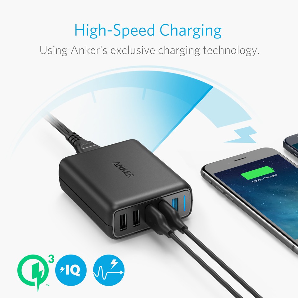 Original ANKER A2054611 PowerPort 5 Speed Desktop Charger 60W with Quick Charge 3.0 5 USB Port Black