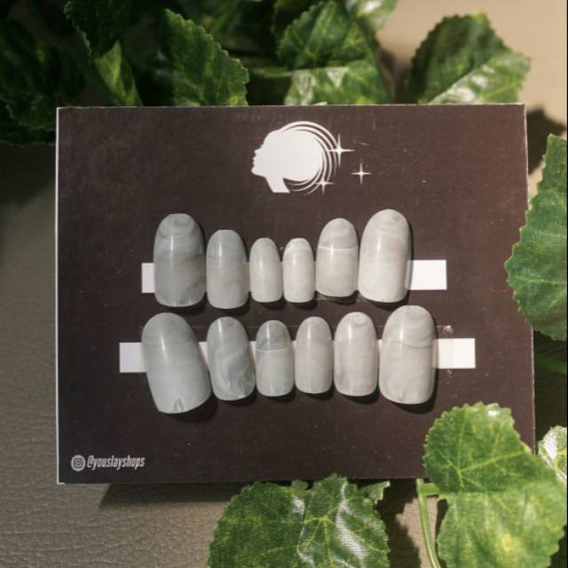 KUKU PALSU FAKE NAILS SET Long Oval Marble Grey Fake nails kuku palsu murah
