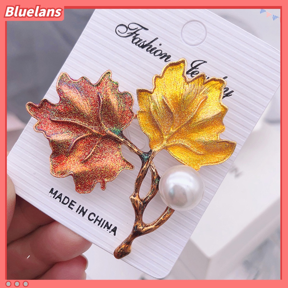 Bluelans Bros Pin Bentuk Daun Maple Aksen Mutiara Imitasi Gaya Vintage Untuk Wanita