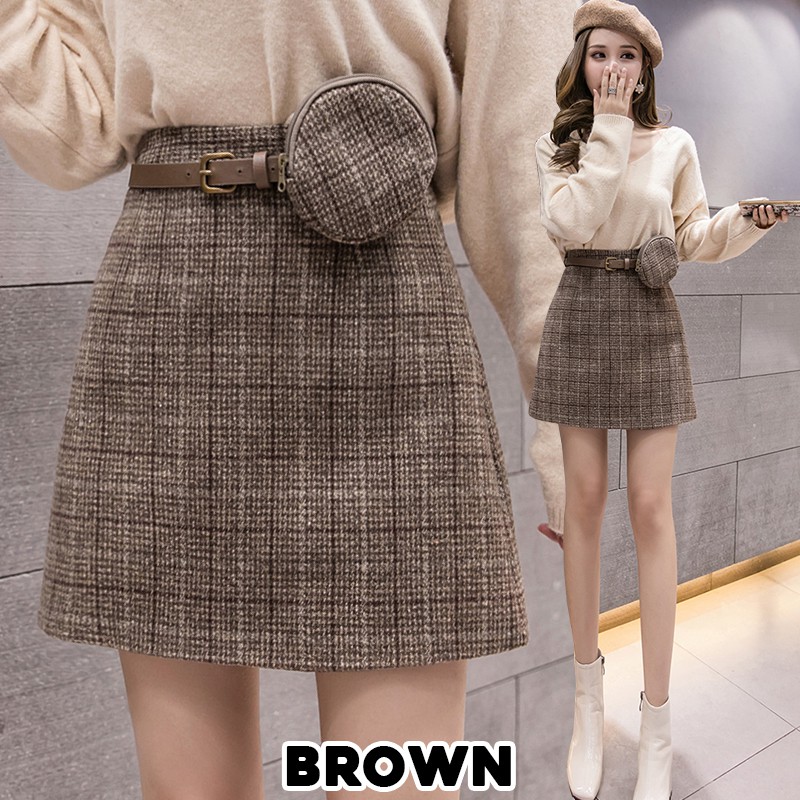 KARAKOREA 9807 Winter Skirt with Mini Pouch and Belt/Korean Mini Skirt/Rok Pendek Wanita/Rok Korea Skirt