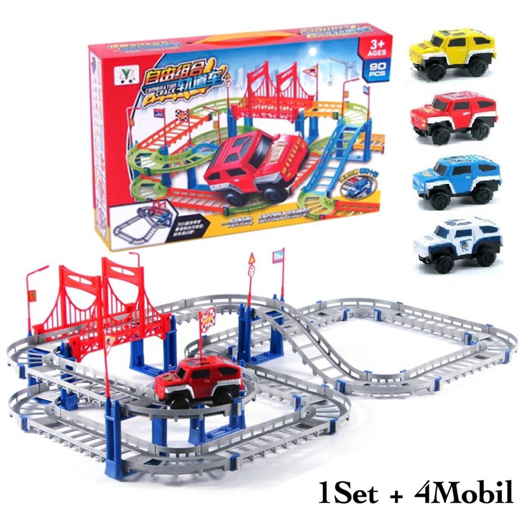 [ Funny ] 90Pcs Mainan Anak Edukasi Track Mobil / Mainan Jalur Kereta Api Bisa Bongkar Pasang-Abu 1set + 4mobil
