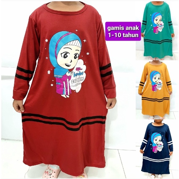 gamis anak perempuan kaos 1-5 tahun tangan panjang pakaian muslim cewek motif garis murah grosir