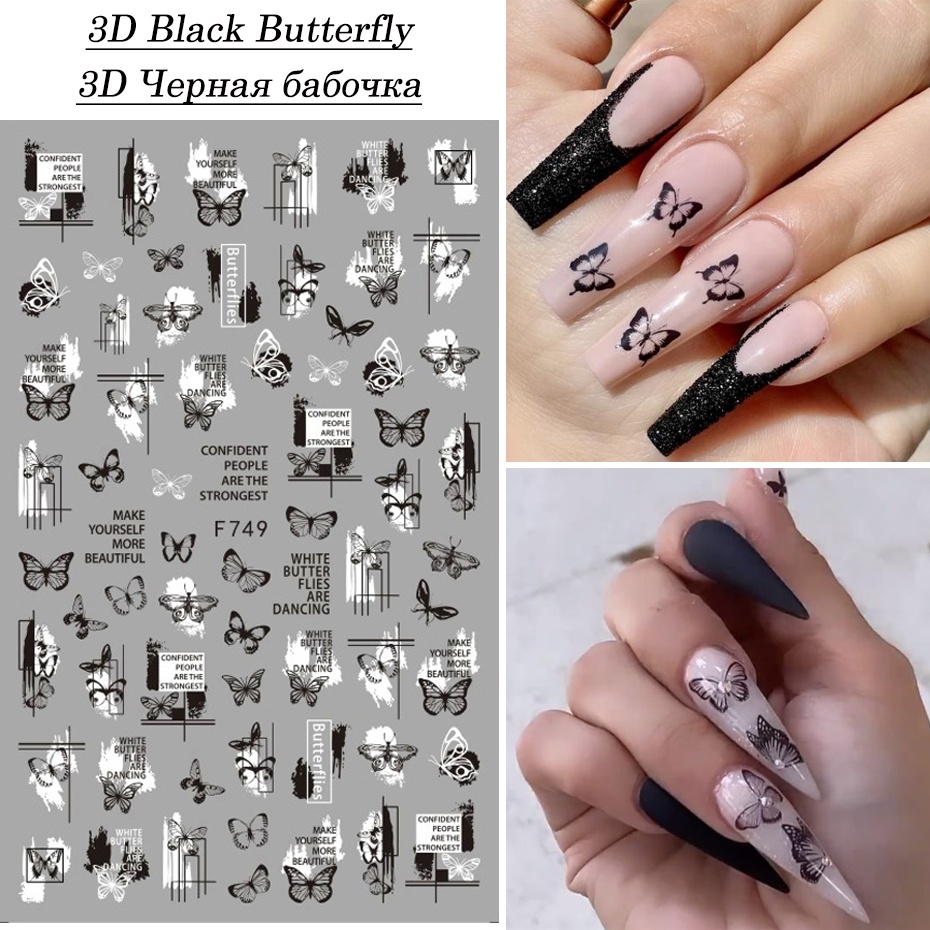 1 Lembar Stiker Kuku 3D Motif Bunga / Kupu-Kupu / Huruf / Geometri Warna Hitam / Putih Untuk Nail Art DIY