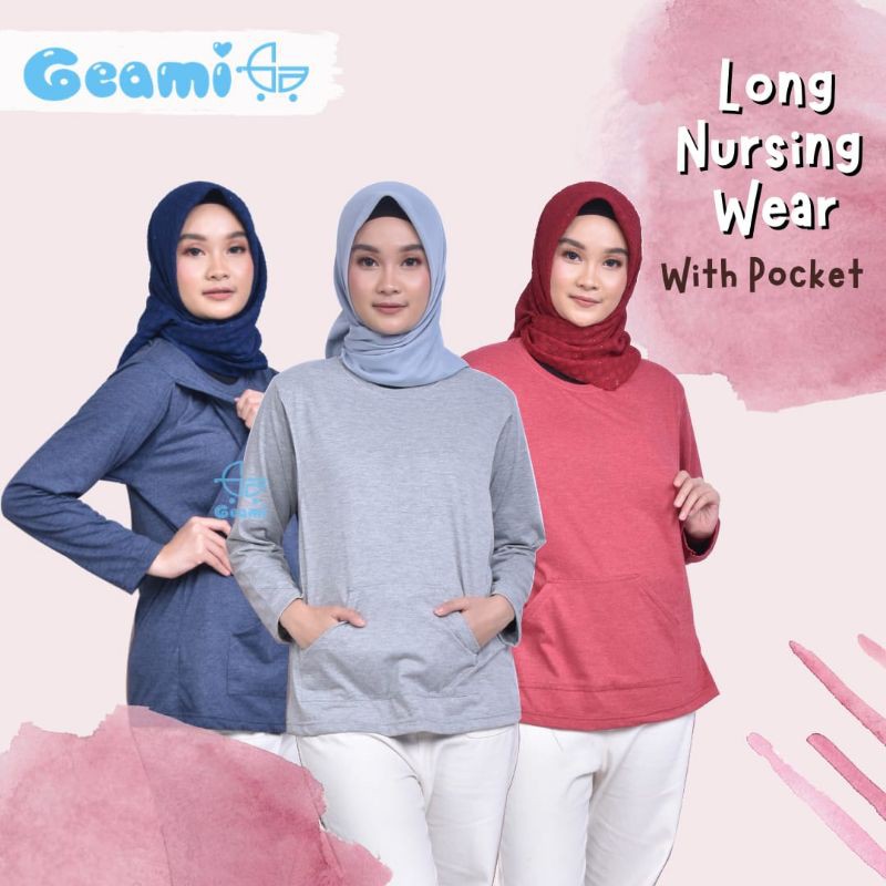 YBH Geami Kaos Ibu Menyusui Baju Busui Nursing Wear Lengan Panjang Saku
