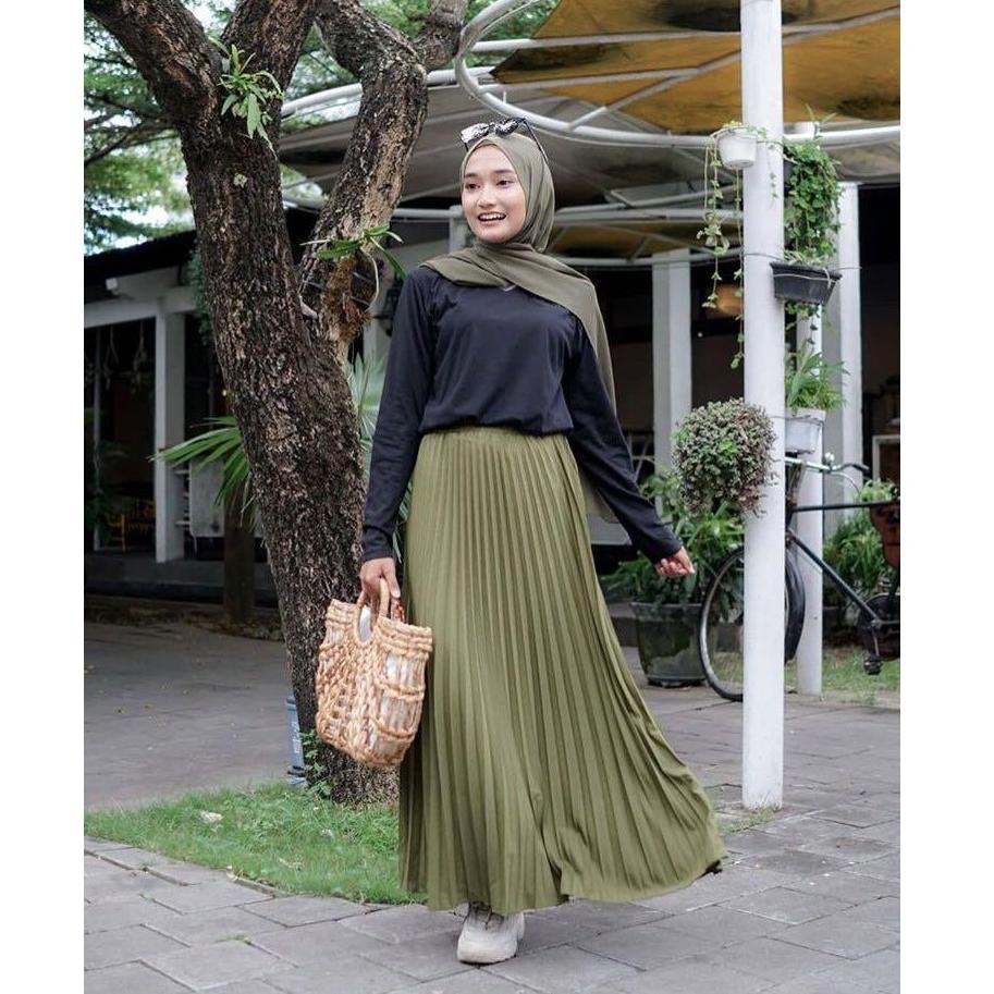 GRATIS ONGKIR Ootd Rok Plisket Panjang Premium Payung Jumbo warna Hitam  Putih Hijau botol Army mocc