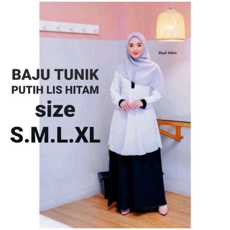 BAJU TUNIK PUTIH LISS HITAM (S.M.L.XL) BISA DIBUAT SERAGAM/SEKOLAH/GURU/PNS/PEMDA