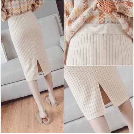 Rok Rajut Span Knitted Pendek Belah/Rok Kerja Wanita murah/rok rajut on size