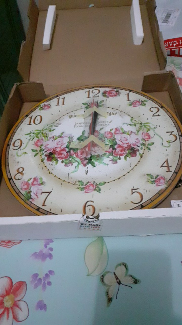 048 Jam Dinding Cantik Motif Shabby Chic Bunga