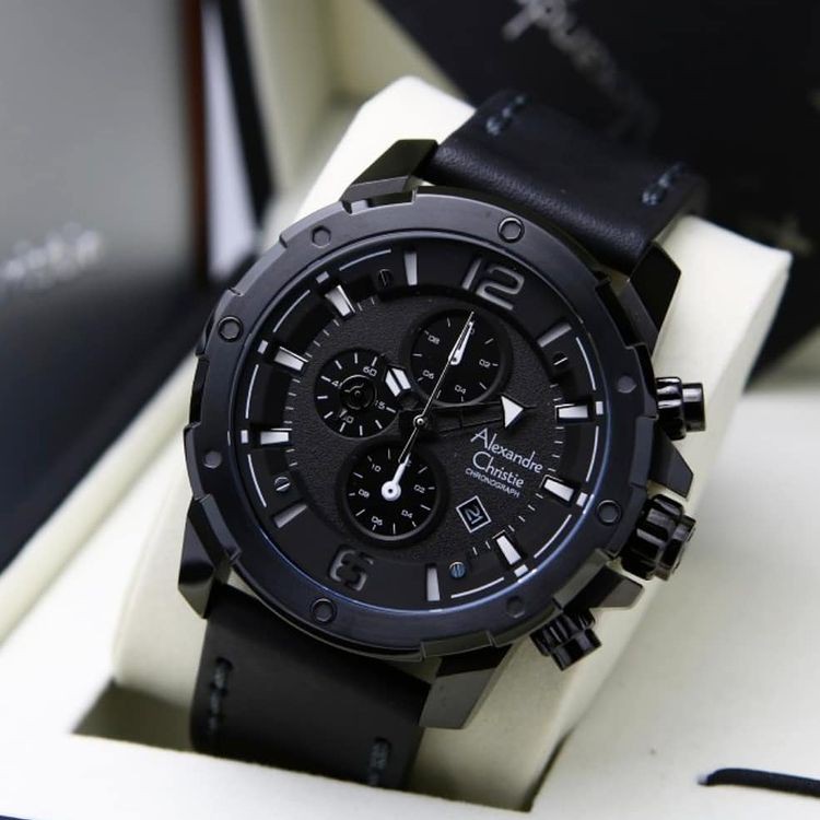 Alexandre Christie AC6410 Original Jam Tangan Pria Kulit Full Black