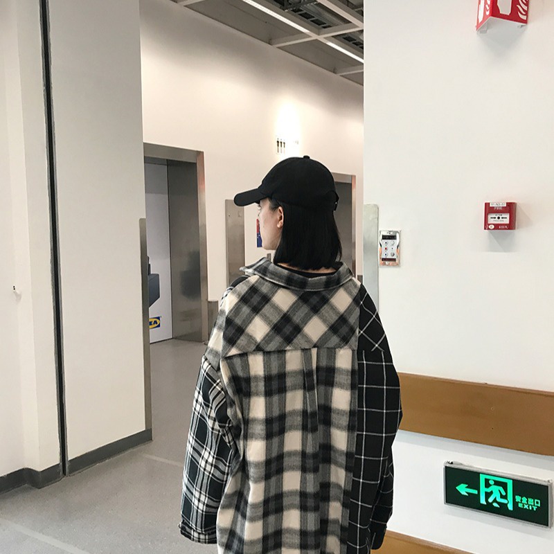 Kemeja Kotak-kotak Lengan Panjang Warna Senada Hitam Putih Baru Untuk Wanita