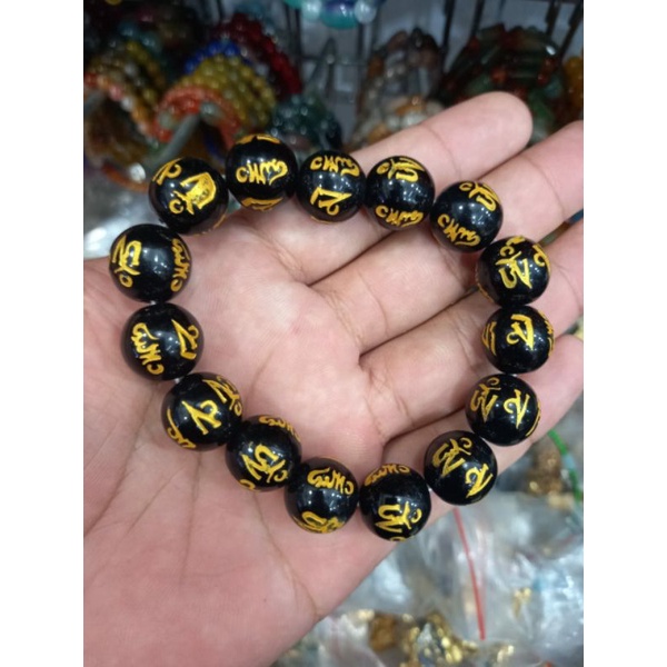 Gelang Batu Giok Mantra Budha Import 14mm