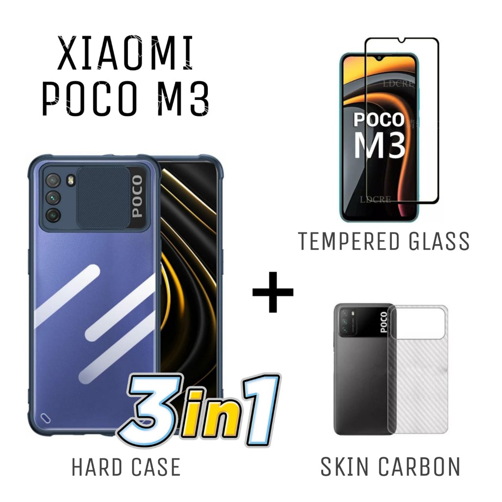 Case XIAOMI POCO M3 Case Fusion Shield Dan Tempered Glass Clear Dan Skin Crabon Garskin