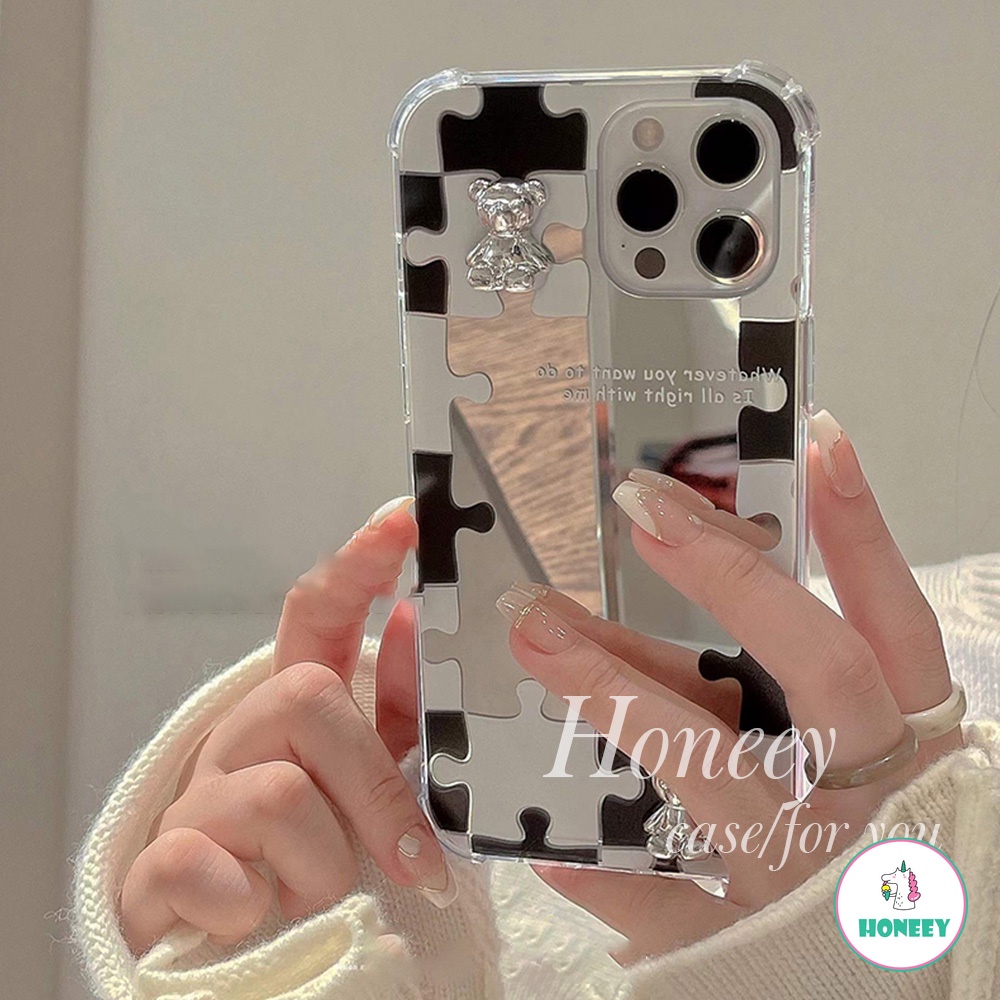 3D Korean Plating Bear Makeup Mirror Clear Phone Case compatible for IPhone 14 13 12 11 Pro Max X XS XR 8 7 Plus Anti-Slip Soft TPU Shell