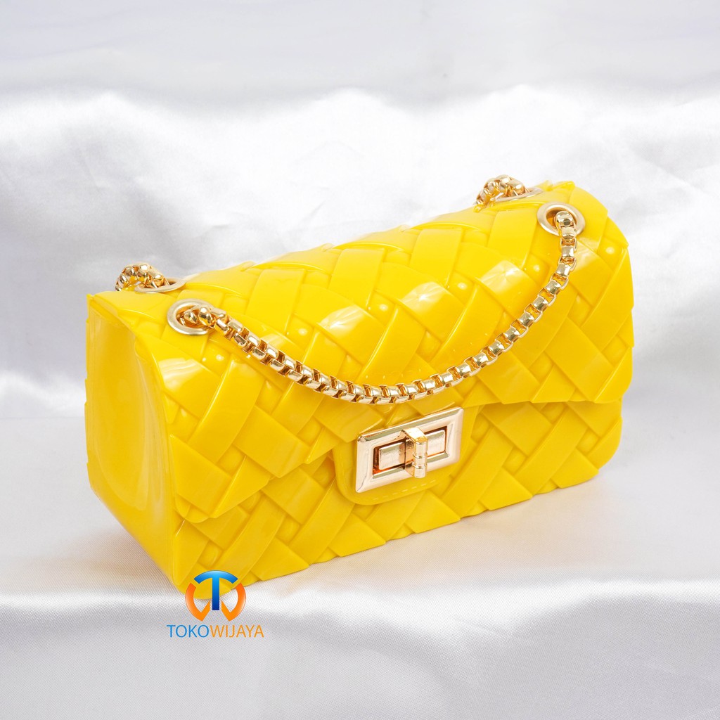 Tas Jelly Glossy Motif Anyam Size 18 Cm Rantai Gold | Anyam Glossy