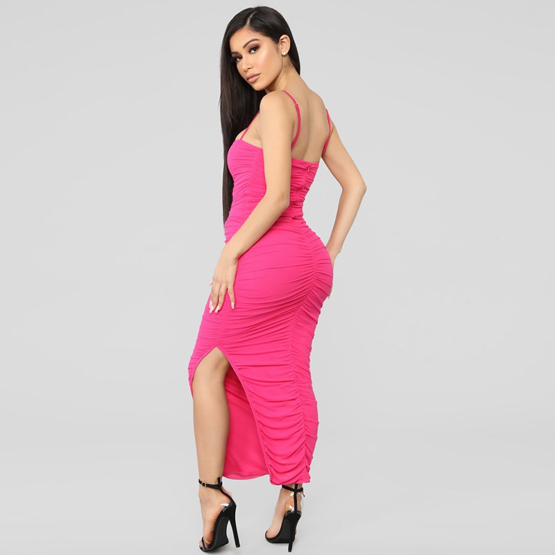 pink ruched maxi dress