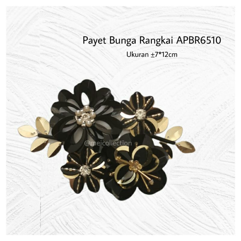payet bunga 3d rangkai APBR 6510 black gold 7cm 10cm aplikasi dada pinggang
