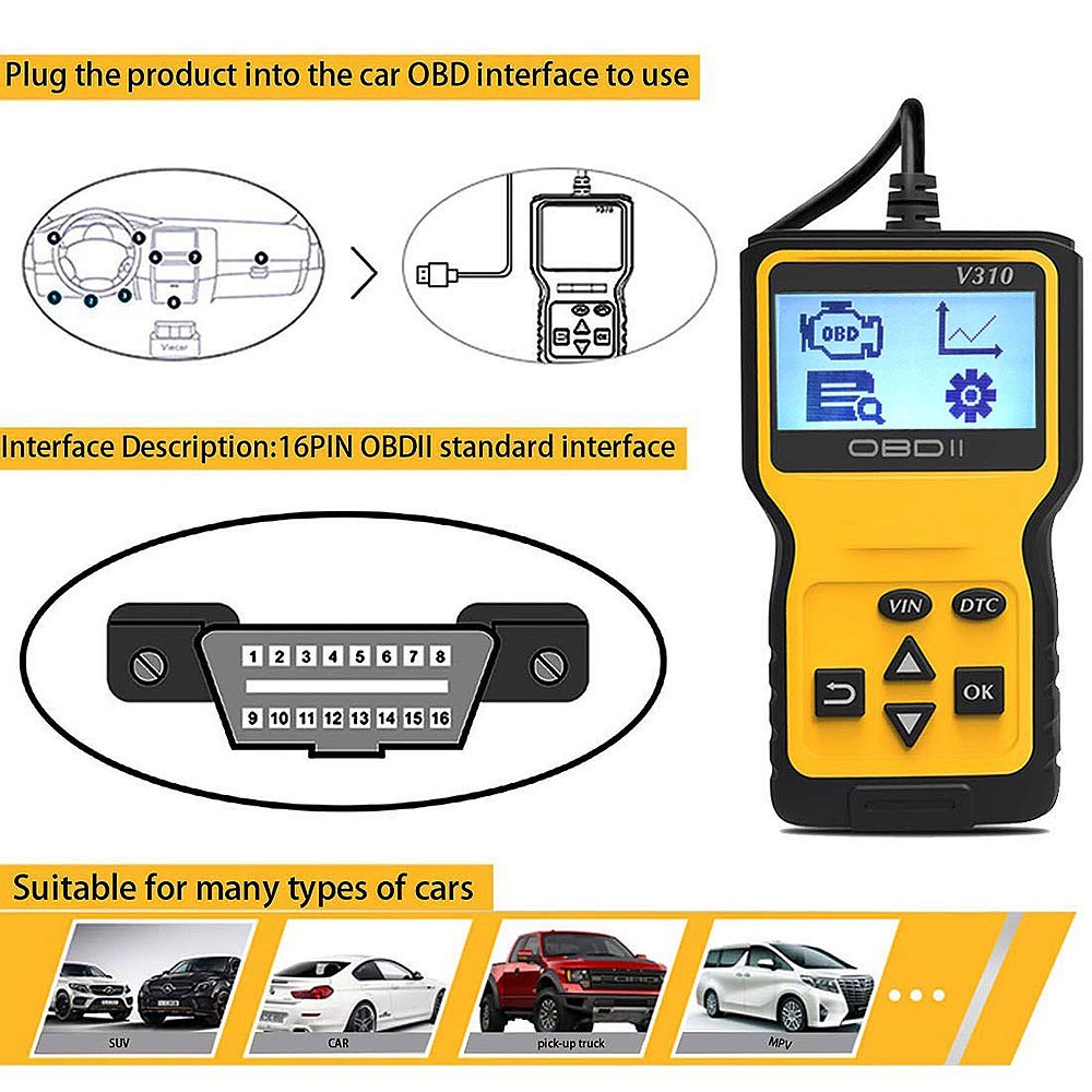 Alat OBD2 Pembaca Kode Diagnostik Mobil Otomotif Car Diagnostic Tool - V310 - Yellow