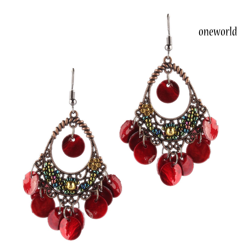 OW# Bohemian Women Disc Charms Hollow Dangle Hook Chandelier Earrings Jewelry Gift