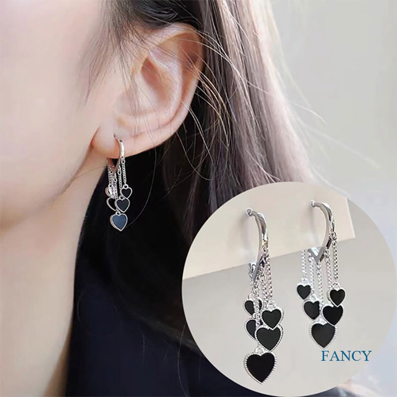 Anting Rumbai Bentuk Hati Warna Hitam Untuk Wanita