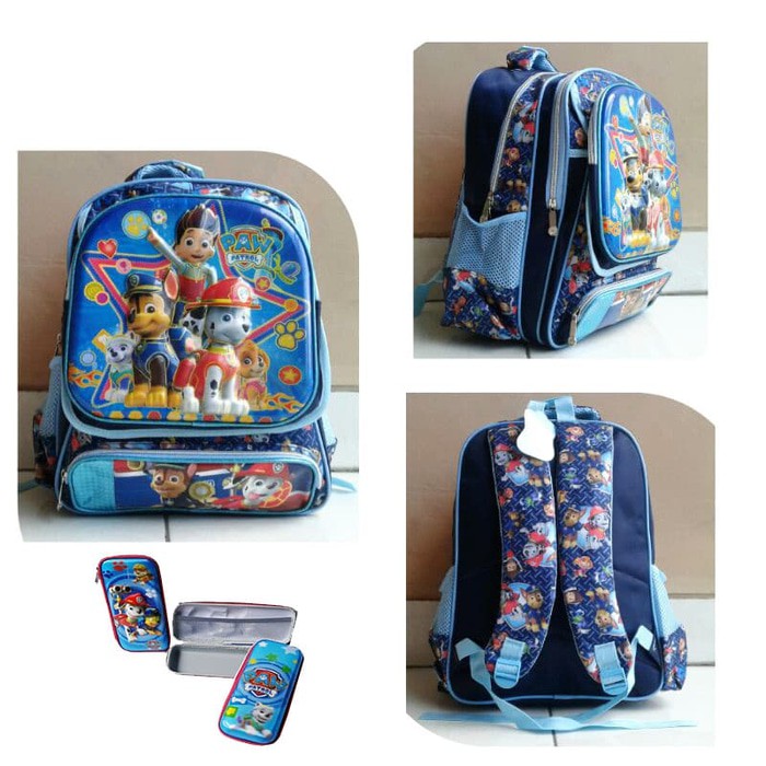 "Tas Anak Ransel SD Paw Patrol 6D Timbul 3 Kantung Import Kotak Pensil"