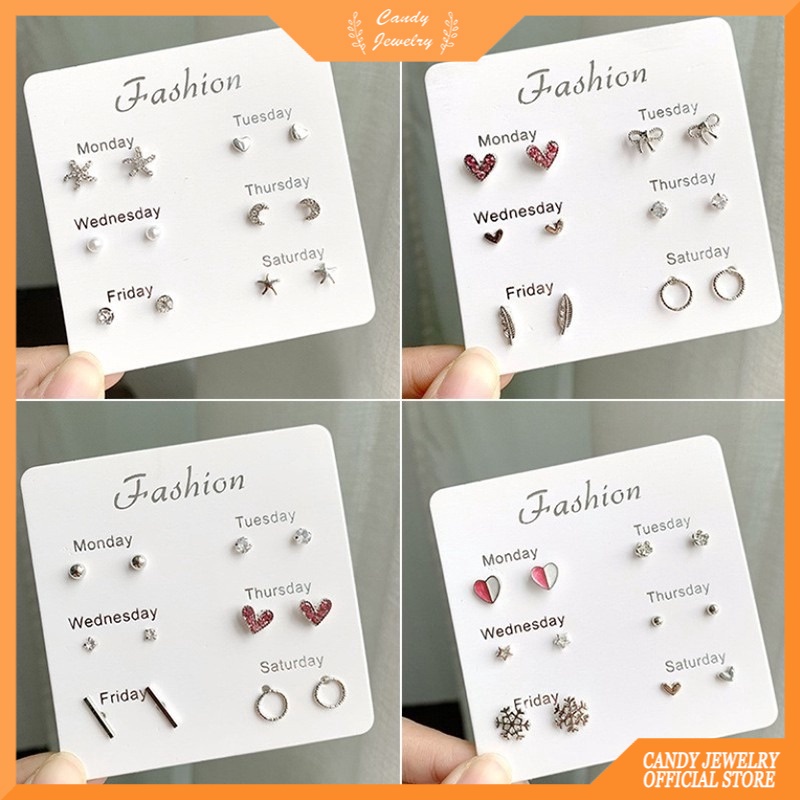 6pcs / set Anting Tusuk Kristal Warna Permen Gaya Korea Untuk Wanita