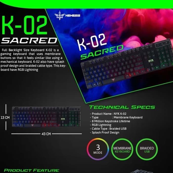 NYK K-02|K02 Sacred Keyboard GAMING Full Size Rainbow Back Light