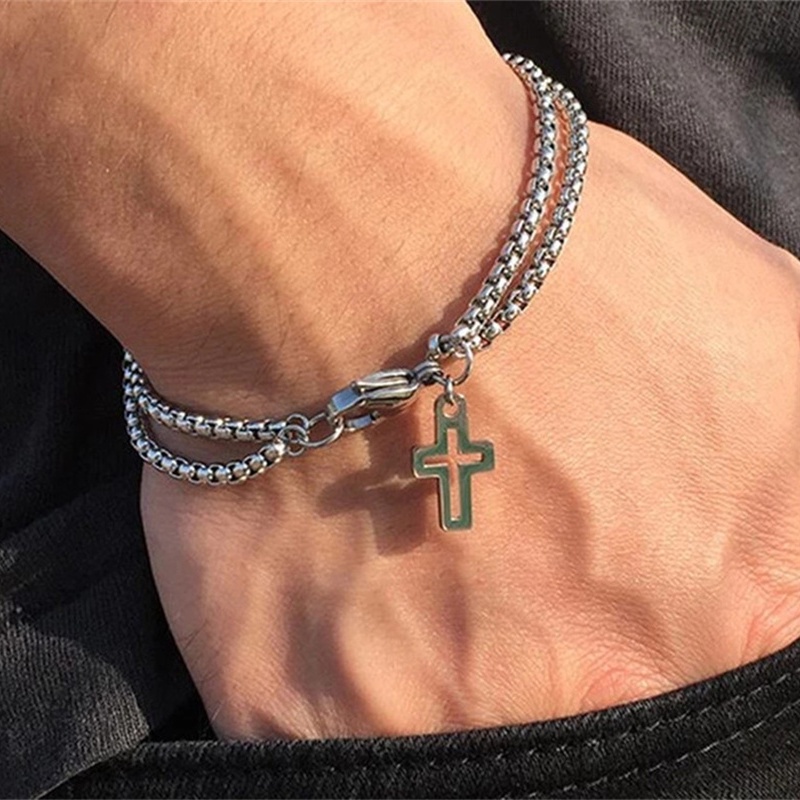 Perhiasan Gelang Liontin Salib Model Lapis Ganda Bahan Stainless Steel Gaya Punk Hip Hop Untuk Unisex