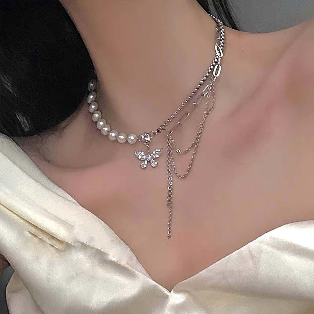 Mxbeauty Kalung Mutiara Elegan Hip Hop Perempuan Berlian Imitasi Choker Kupu-Kupu Liontin Wanita Rantai Klavikula
