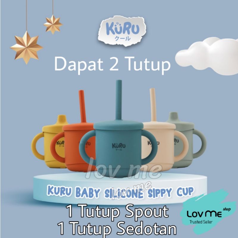 lov me❤️Kuru Silicone Sippy Cup Set 2in1 | Gelas Silicone Spout + sedotan dengan garis ukur