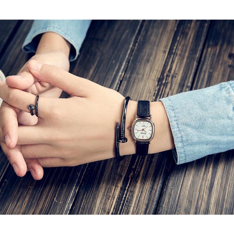 BAJ Jam Tangan Wanita Pria Couple Polos Casual Dial Segi Fashion Analog Quartz Simple Strap Kulit Pu Leather RM001