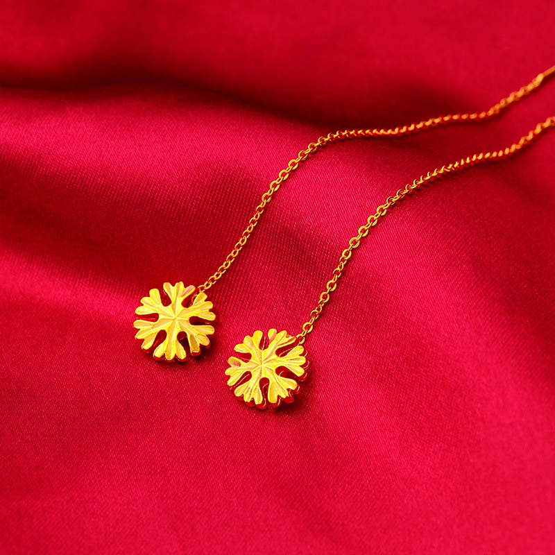 Anting Rumbai Panjang Desain Kepingan Salju Lapis Emas Emas Asli Kadar 375Gaya Korea Untuk Wanita
