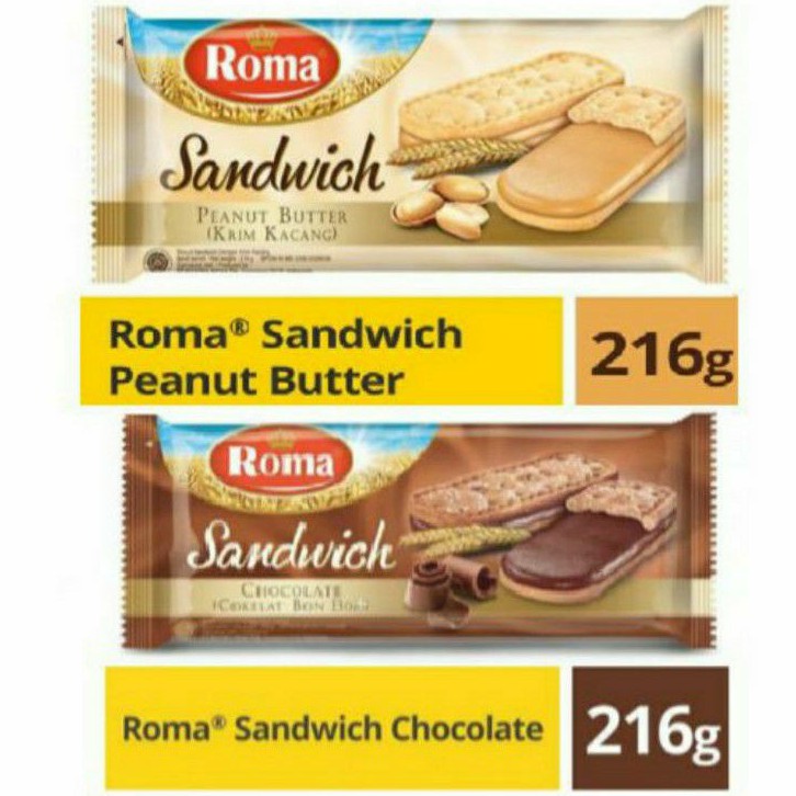 

ROMA Sandwich biskuit COKLAT / PEANUT BUTTER KACANG 216gr