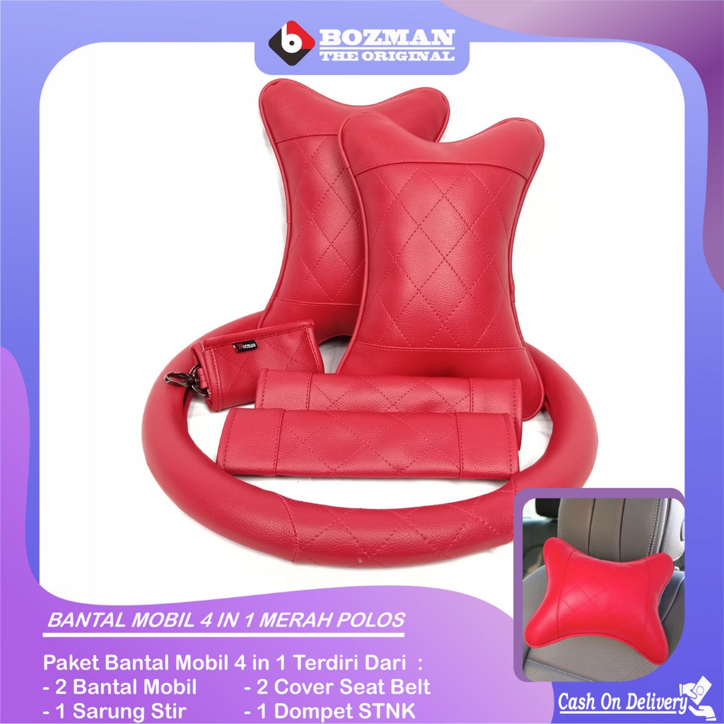 Set Bantal Mobil 4 in 1 Bantal Mobil Seatbelt Sarung Stir Dompet STNK Premium