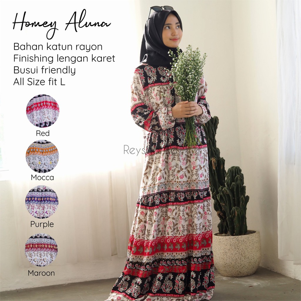 Homey Dress Aluna By Reyscarf Gamis Dewasa Luxury Bahan Rayon Viscose Premium Exclusive Adem Nyaman Dipakai  I  Bisa Cod