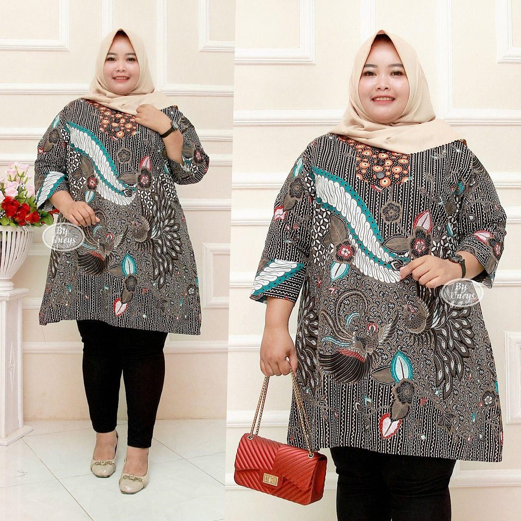 Tunik Batik Wanita Ukuran Jumbo LD 140cm Resleting Belakang Bahan Katun Adem Di Pakai Serap Keingat