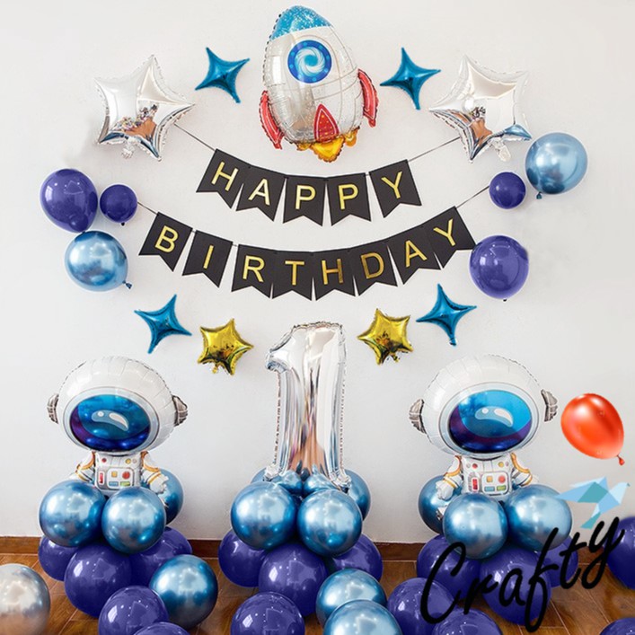 [PAKET] Kids BIRTHDAY Set ASTRONAUT BLUE PURPLE BANNER Dekorasi Backdrop Ulangtahun Anak