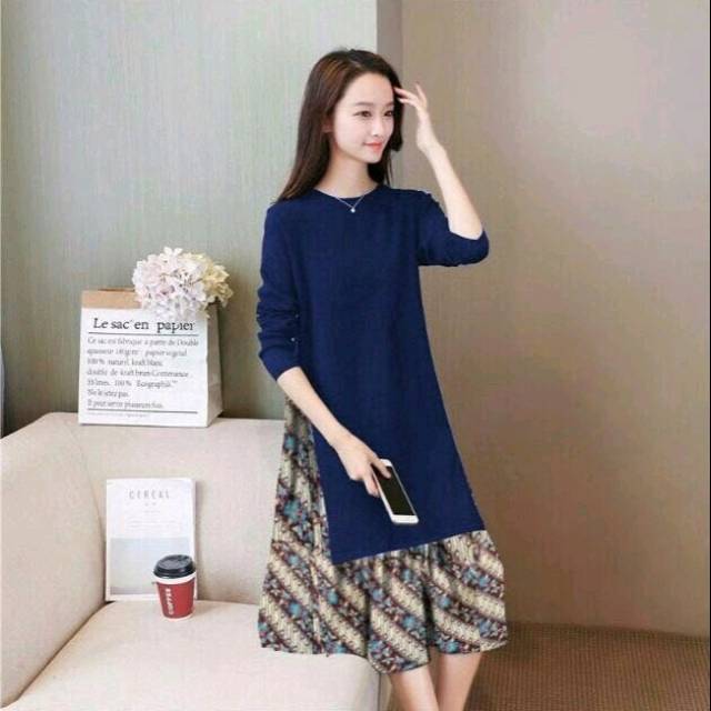 DRESS HAVANA BATIK/ DRESS NAVY SPANDEK KOMBI KATUN RAYON BATIK/ DRESS WANITA TERBARU
