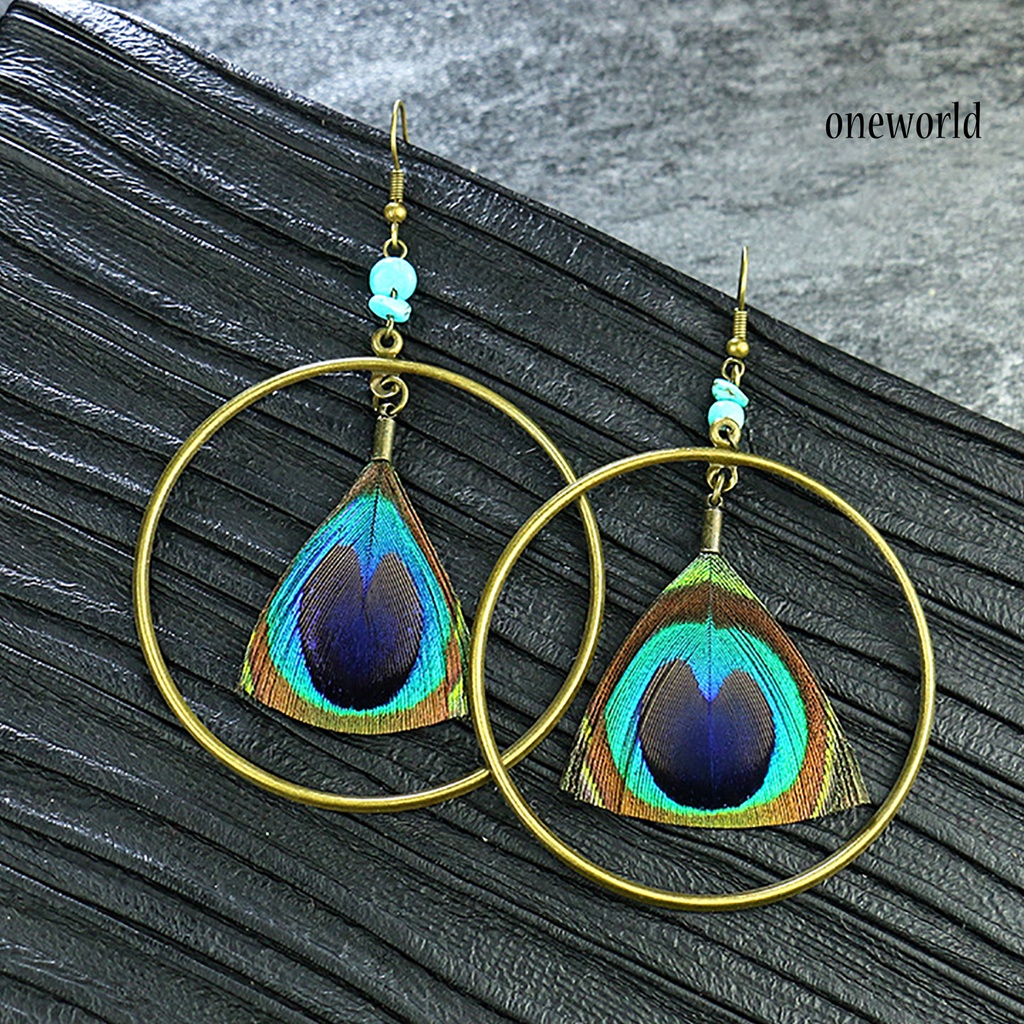 OW# Peacock Feather Drop Earrings Ethnic Style Women Geometric Shape Circle Hook Earrings Jewelry Accessory