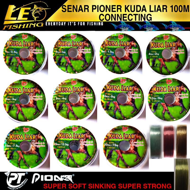 SENAR PANCING PIONER KUDA LIAR 100M SIZE 1LB 2LB 3LB 4LB 5LB 6LB 8LB 10LB 12LB 15LB 20LB 25LB WARNA CLEAR BURGUNDY HIJAU DAN COKLAT