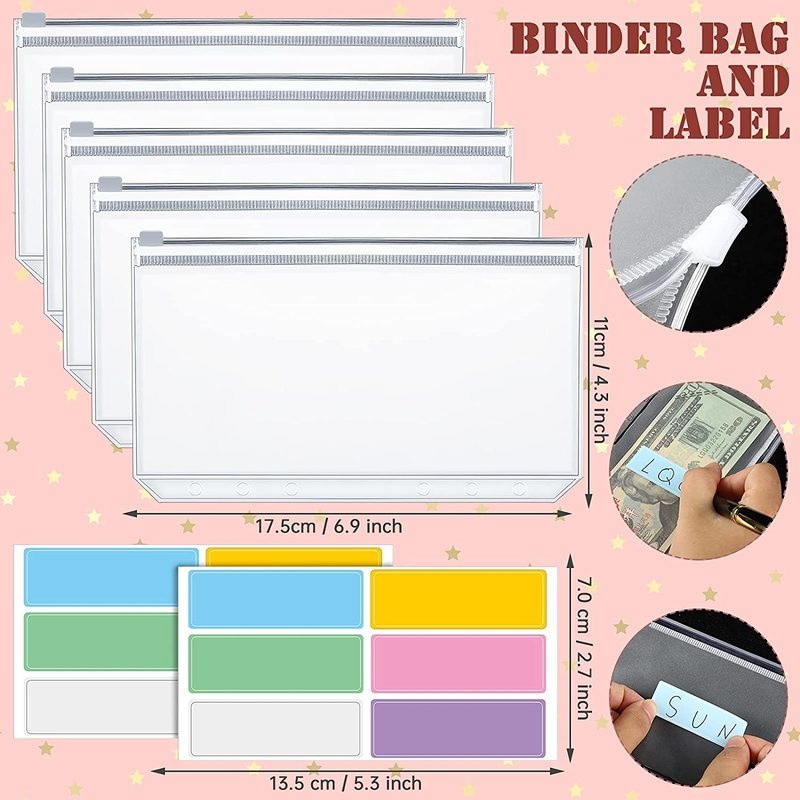 15 Pieces A6 Daisy PVC Binder Cover Budget Planner and 12 Clear Binder Pockets Organizer,Colored Labels for Budgeting