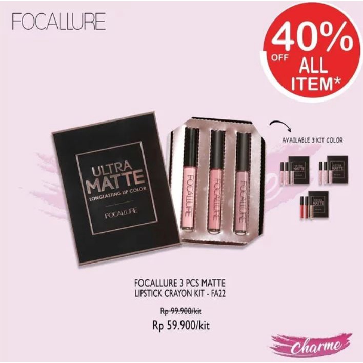 (READY &amp; ORI) Focallure 3Pcs Lip Matte Lipstick Crayon Nude Kado Gift Kit 3 warna Shade - FA24 FA 24 Lip Matte Lip Cream Tahan Lama Waterproof