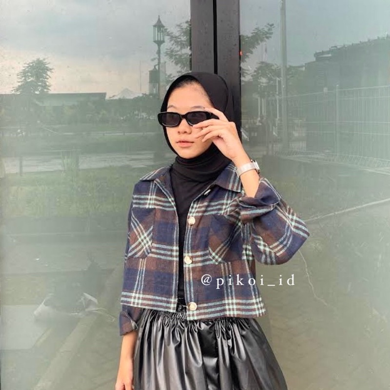 Kemeja flanel crop top kotak kotak kasual / kemeja kotak crop / kemeja crop wanita lengan panjang 46