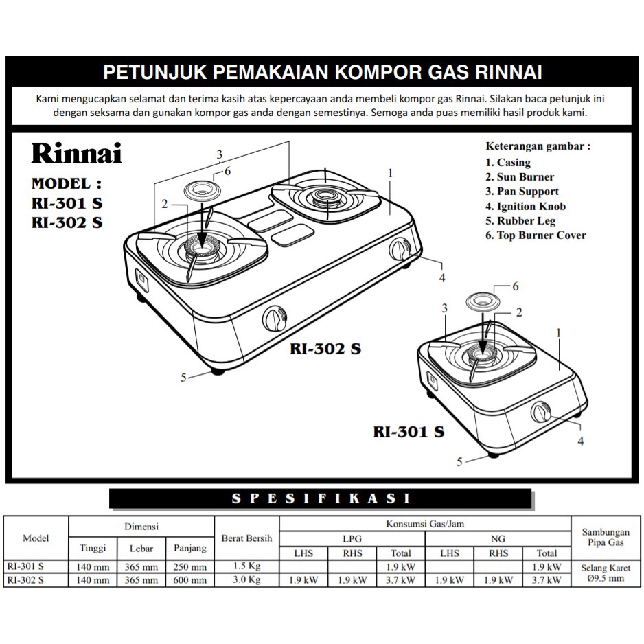 RINNAI KOMPOR GAS 1 TUNGKU RI301S PAKET SELANG REGULATOR