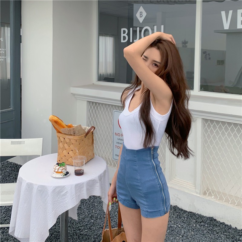 Fashion Baru Pinggang Tinggi Retro Sisi Ritsleting Pelangsing Stretch Celana Pendek Hot Pants