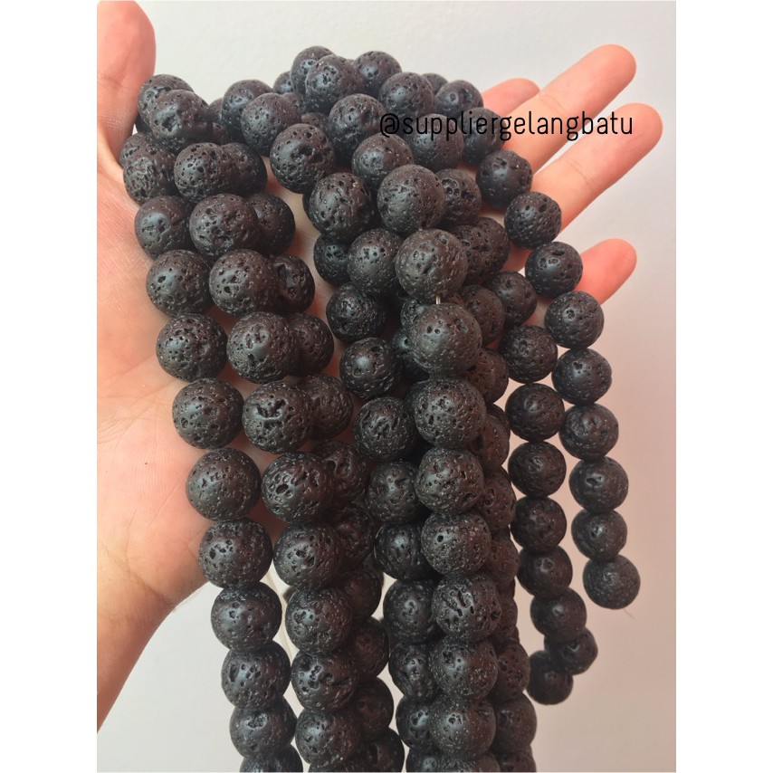 bahan rencengan lava stone kalung gelang 14mm larva merapi akik hitam supplier gelang kalung online