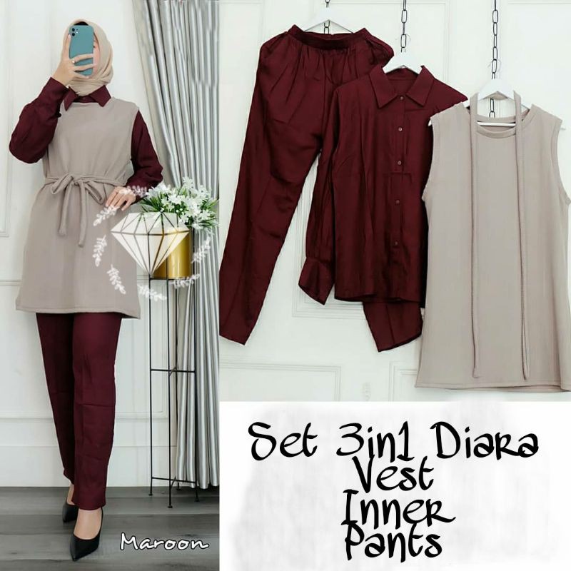 SET CELANA 3IN1 DIARA, MOSCREPE, GAMIS HIJAB MUSLIM, SETELAN