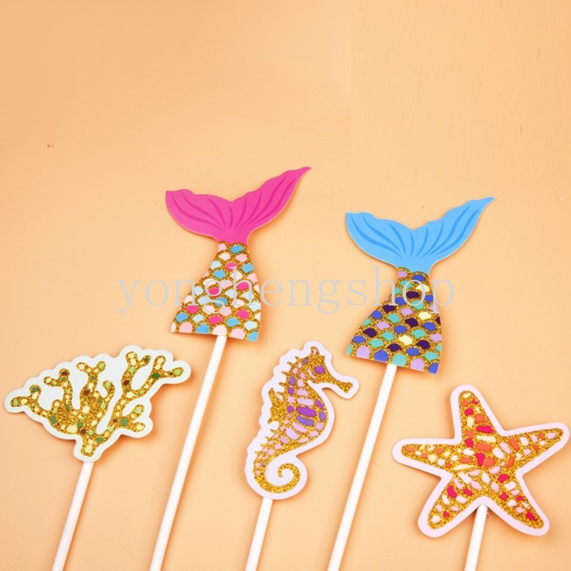 5pcs / set Topper Kue Desain Ekor Mermaid / Bintang Laut Untuk Dekorasi Pesta Ulang Tahun Anak