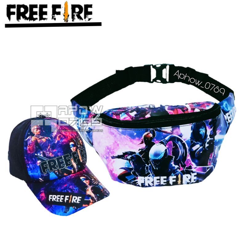 Paket 2in1 tas selempang waistbag anak free fire dan Boboiboy + topi print