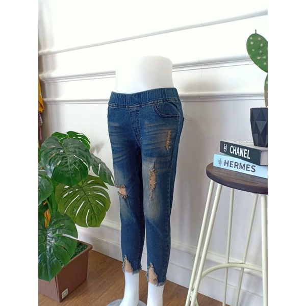 Jegging Leging Sobek Wanita Pinggang Karet Import 7/9 Lapis Tidak Tembus